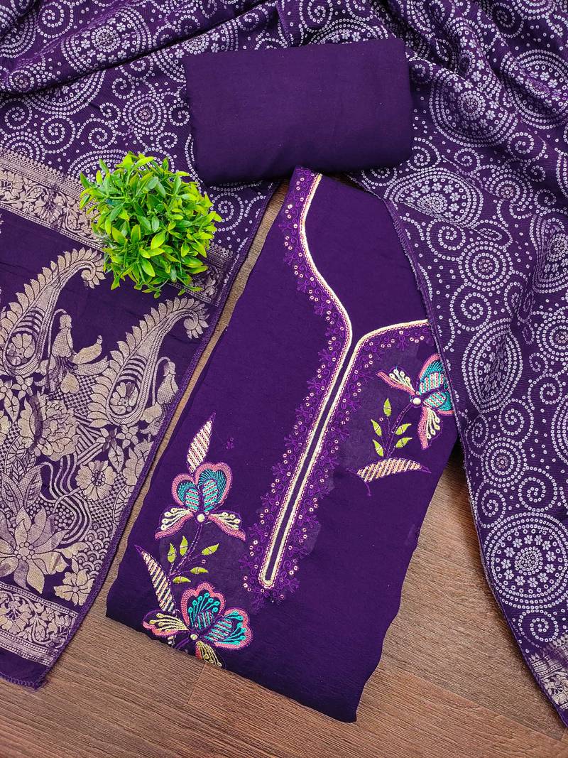 Purle georgette viscose embroidered unstitched dress material