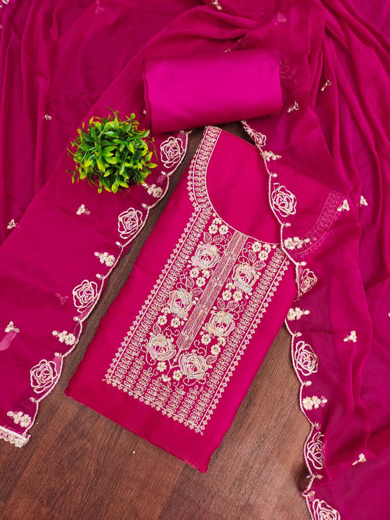 Magenta viscose embroidered unstitched dress material