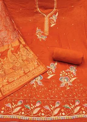 Orange georgette viscose embroidered unstitched dress material 3