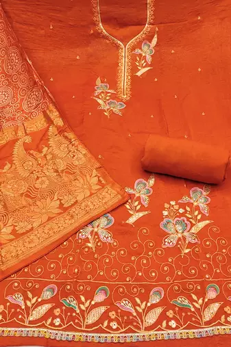 Orange georgette viscose embroidered unstitched dress material