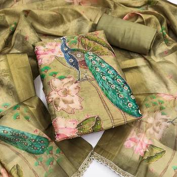 Green cotton silk embellished unstitched dress material 2