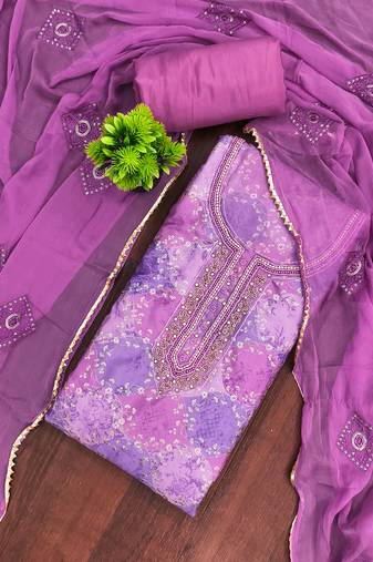 Purple organza embellished unstitched dress material