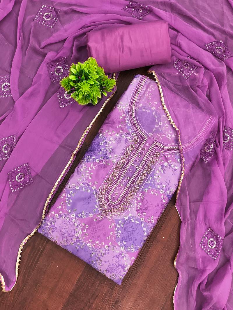 Purple organza embellished unstitched dress material