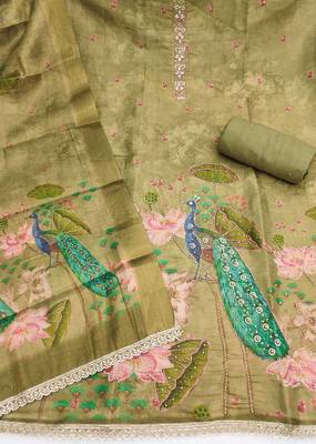 Green cotton silk embellished unstitched dress material 3