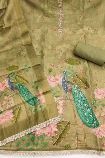 Green cotton silk embellished unstitched dress material