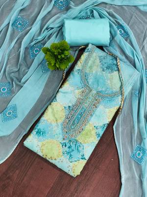 Turquoise organza embellished unstitched dress material 1