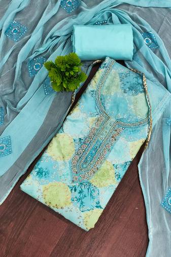 Turquoise organza embellished unstitched dress material