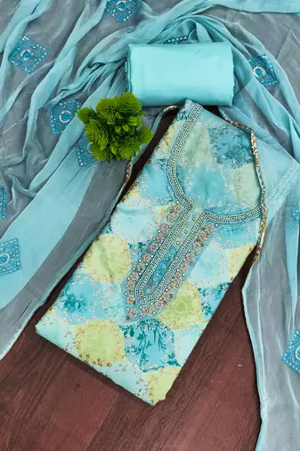 Turquoise organza embellished unstitched dress material