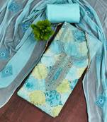 Turquoise organza embellished unstitched dress material