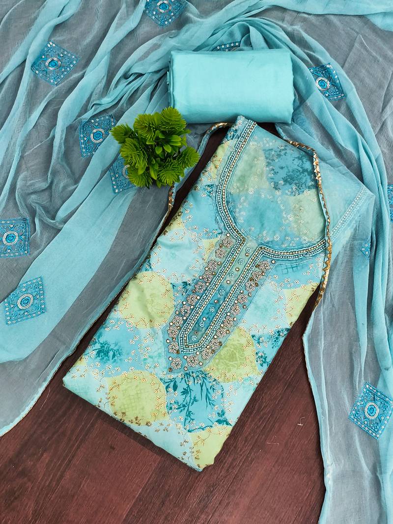 Turquoise organza embellished unstitched dress material