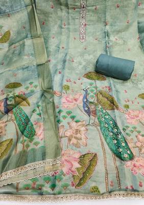 Teal cotton silk embellished unstitched dress material 3