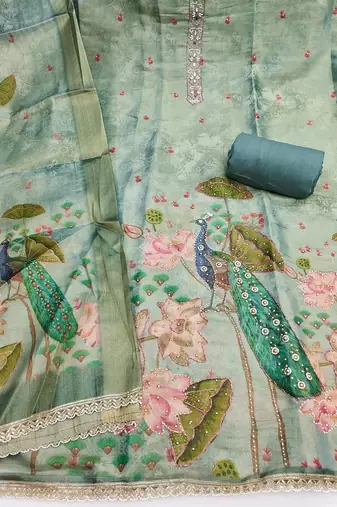 Teal cotton silk embellished unstitched dress material