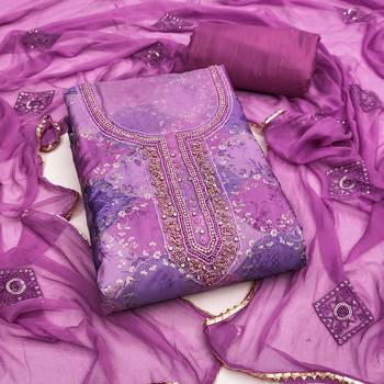 Purple organza embellished unstitched dress material 2