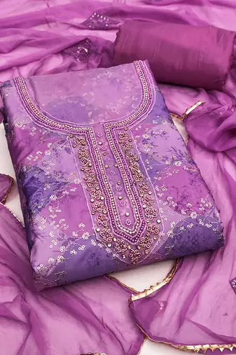 Purple organza embellished unstitched dress material