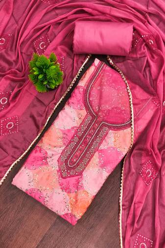 Pink organza embellished unstitched dress material