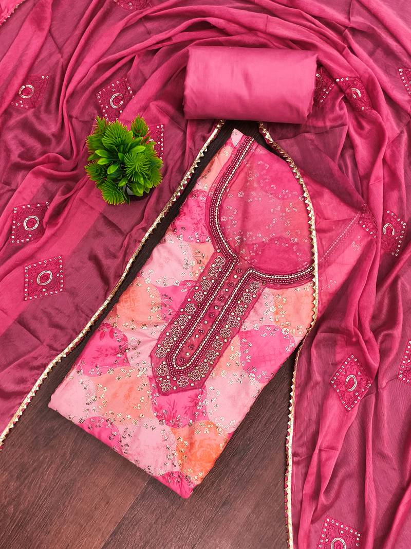 Pink organza embellished unstitched dress material