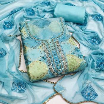 Turquoise organza embellished unstitched dress material 2