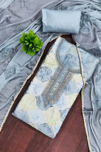 Grey organza embellished unstitched dress material