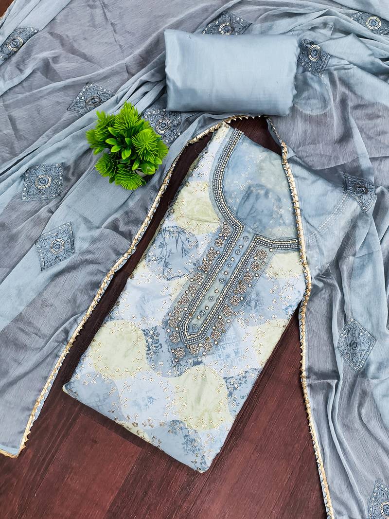 Grey organza embellished unstitched dress material