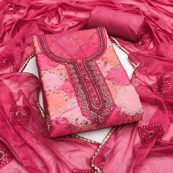 Pink organza embellished unstitched dress material 2