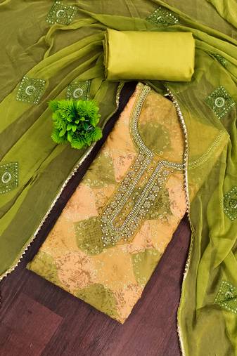 Peach organza embellished unstitched dress material