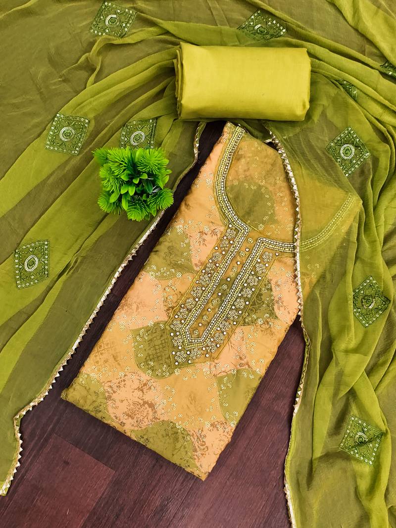 Peach organza embellished unstitched dress material