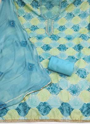 Turquoise organza embellished unstitched dress material 3