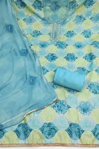 Turquoise organza embellished unstitched dress material