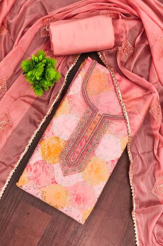 Peach organza embellished unstitched dress material