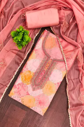 Peach organza embellished unstitched dress material