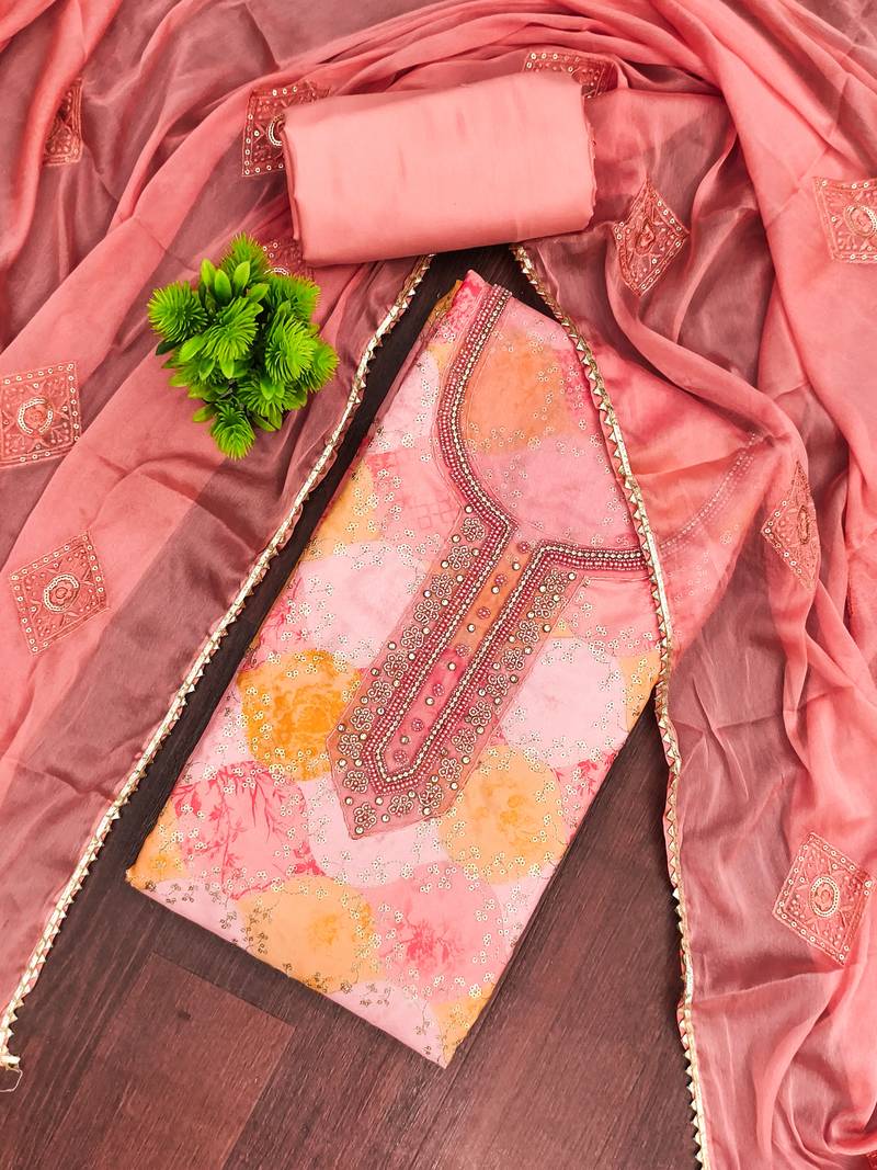 Peach organza embellished unstitched dress material