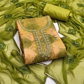 Peach organza embellished unstitched dress material 2