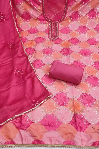Pink organza embellished unstitched dress material