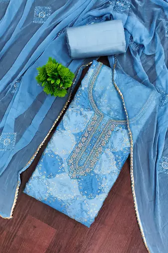 Blue organza embellished unstitched dress material