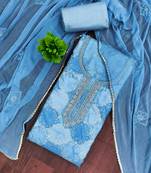 Blue organza embellished unstitched dress material