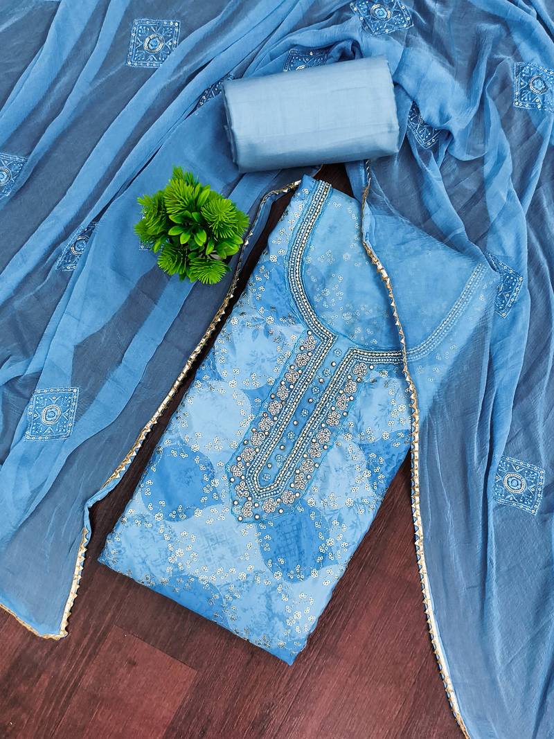 Blue organza embellished unstitched dress material