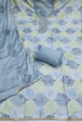 Grey organza embellished unstitched dress material 3