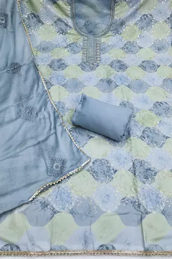 Grey organza embellished unstitched dress material