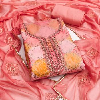 Peach organza embellished unstitched dress material 2