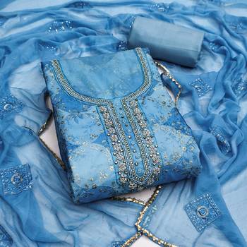 Blue organza embellished unstitched dress material 2