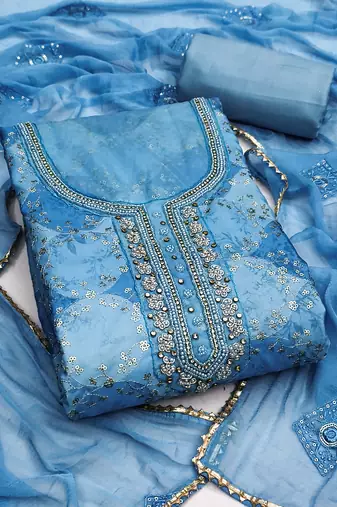 Blue organza embellished unstitched dress material