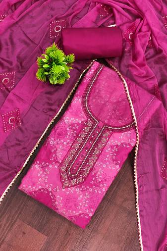 Magenta organza embellished unstitched dress material