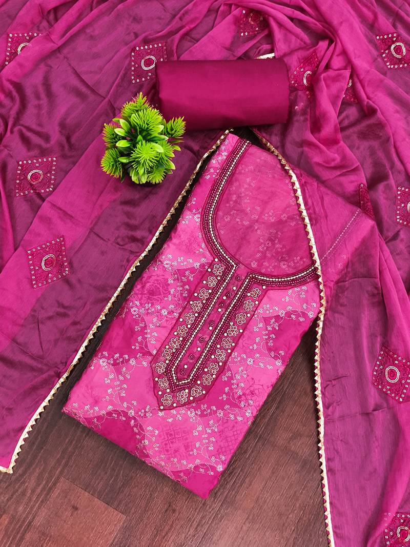 Magenta organza embellished unstitched dress material