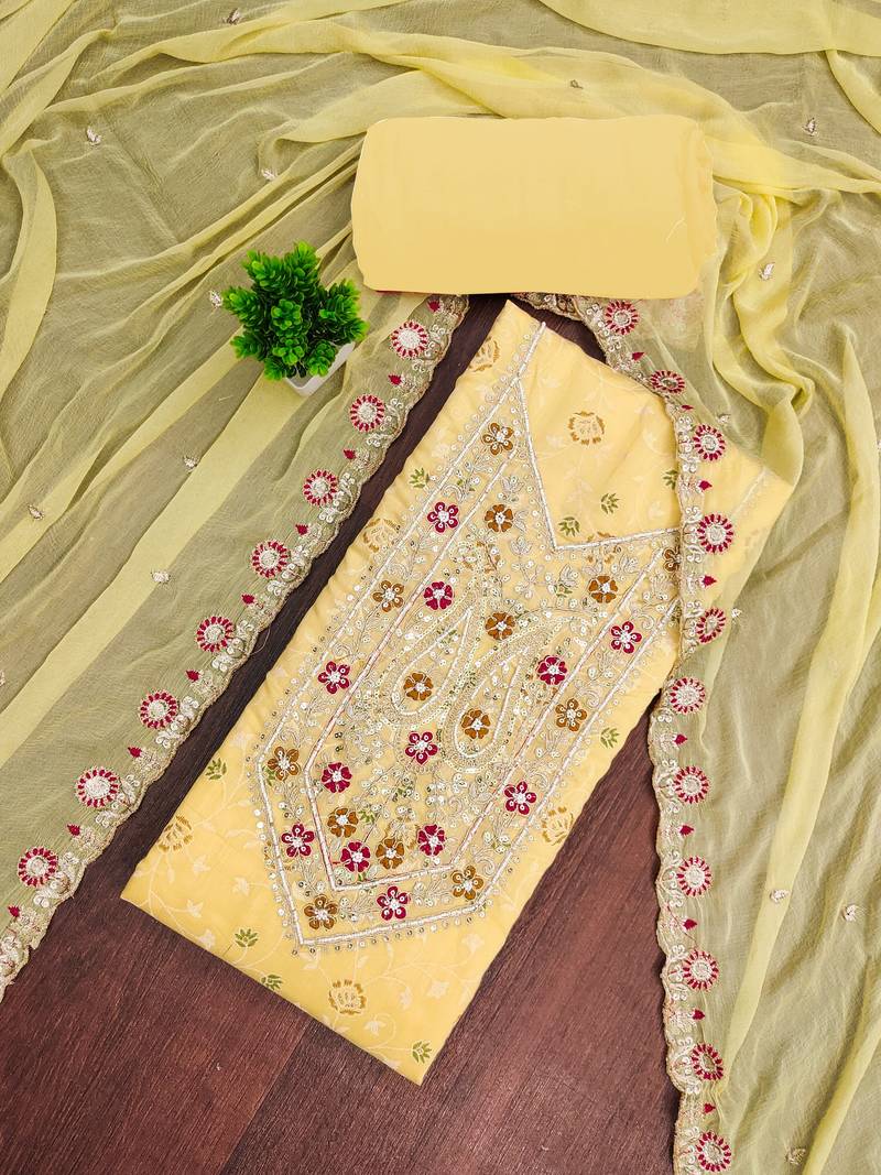 Yellow modal embroidered unstitched dress material