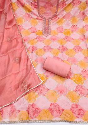 Peach organza embellished unstitched dress material 3