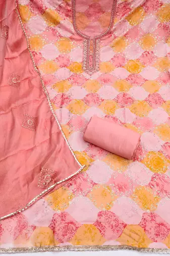 Peach organza embellished unstitched dress material