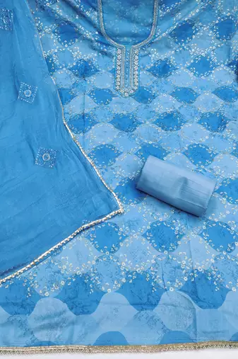 Blue organza embellished unstitched dress material