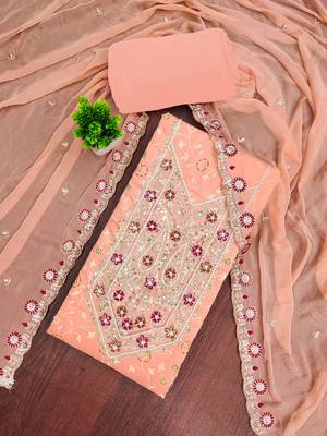 Peach modal embroidered unstitched dress material 1
