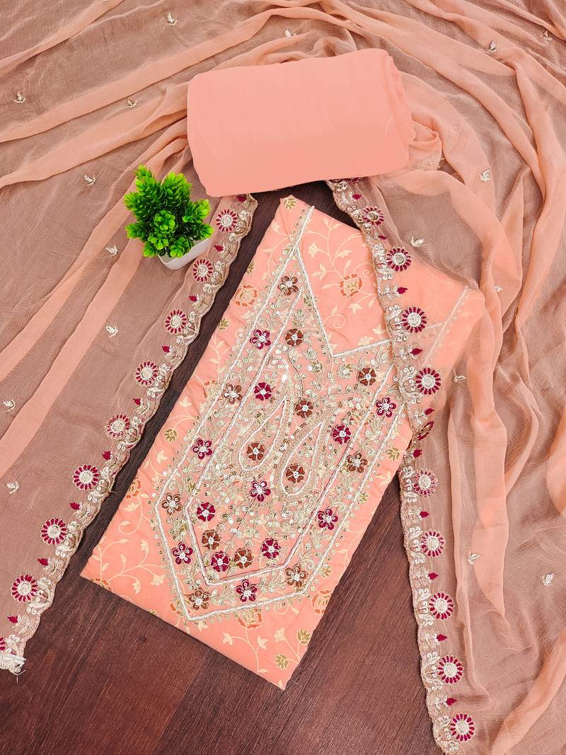 Peach modal embroidered unstitched dress material