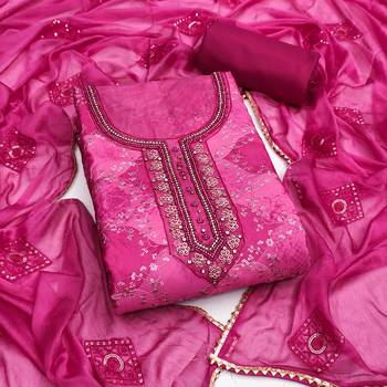 Magenta organza embellished unstitched dress material 2